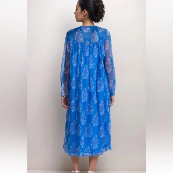 New Johnny Was Jade Blue Blaire Floral 100% Silk Midi Dress - Picture 13 of 16